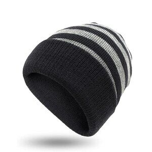 Kids Ages 6-10  Black and Heather Grey Stripe Knit Beanie
